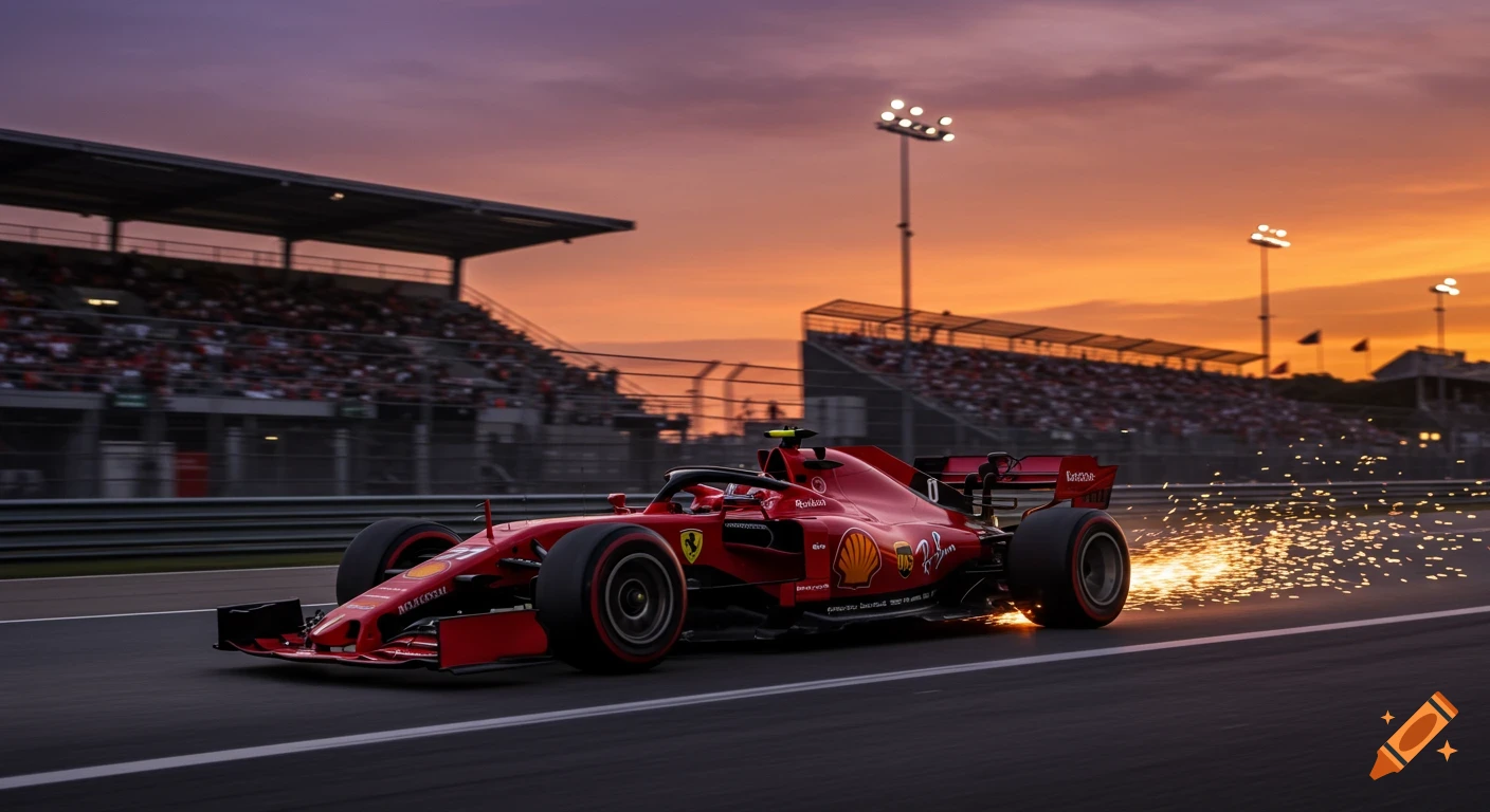 Red Formula 1 car races at high speed on a track at sunset, with sparks flying from its underside and spectators in the stands, photorealistic.