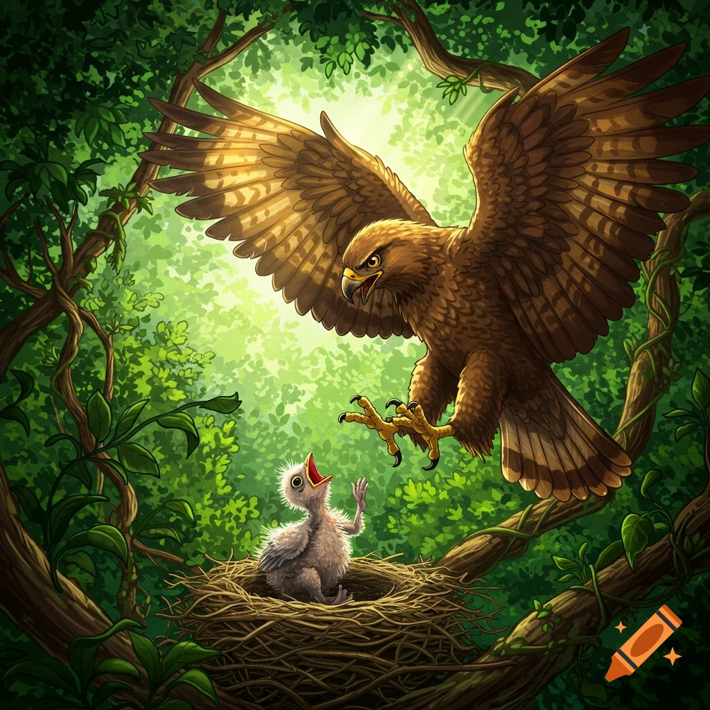 A large brown eagle with outstretched wings swoops towards a small, open-mouthed chick in a nest, surrounded by a lush green forest. Illustration.
