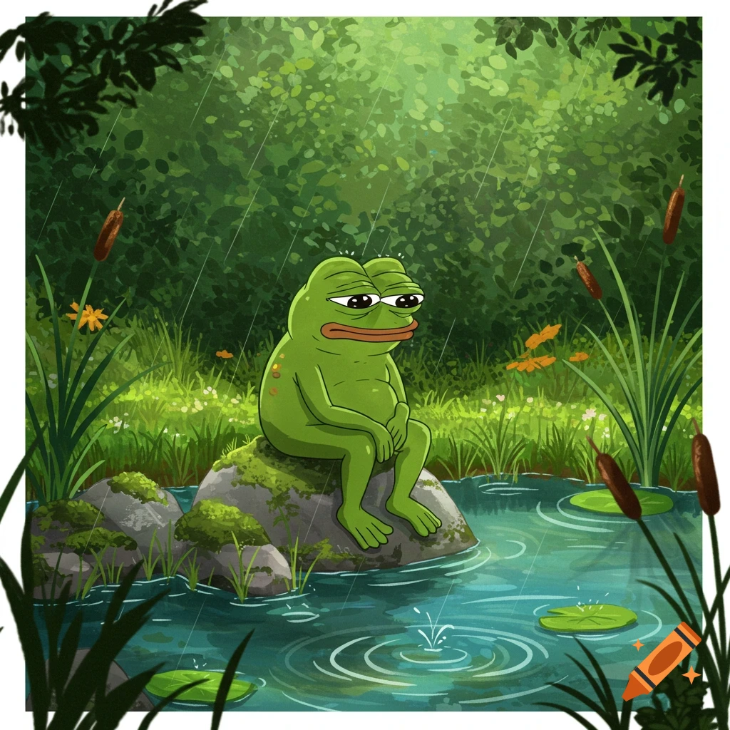 A sad Pepe the Frog cartoon sits on a mossy rock by a pond in the rain, surrounded by green foliage.