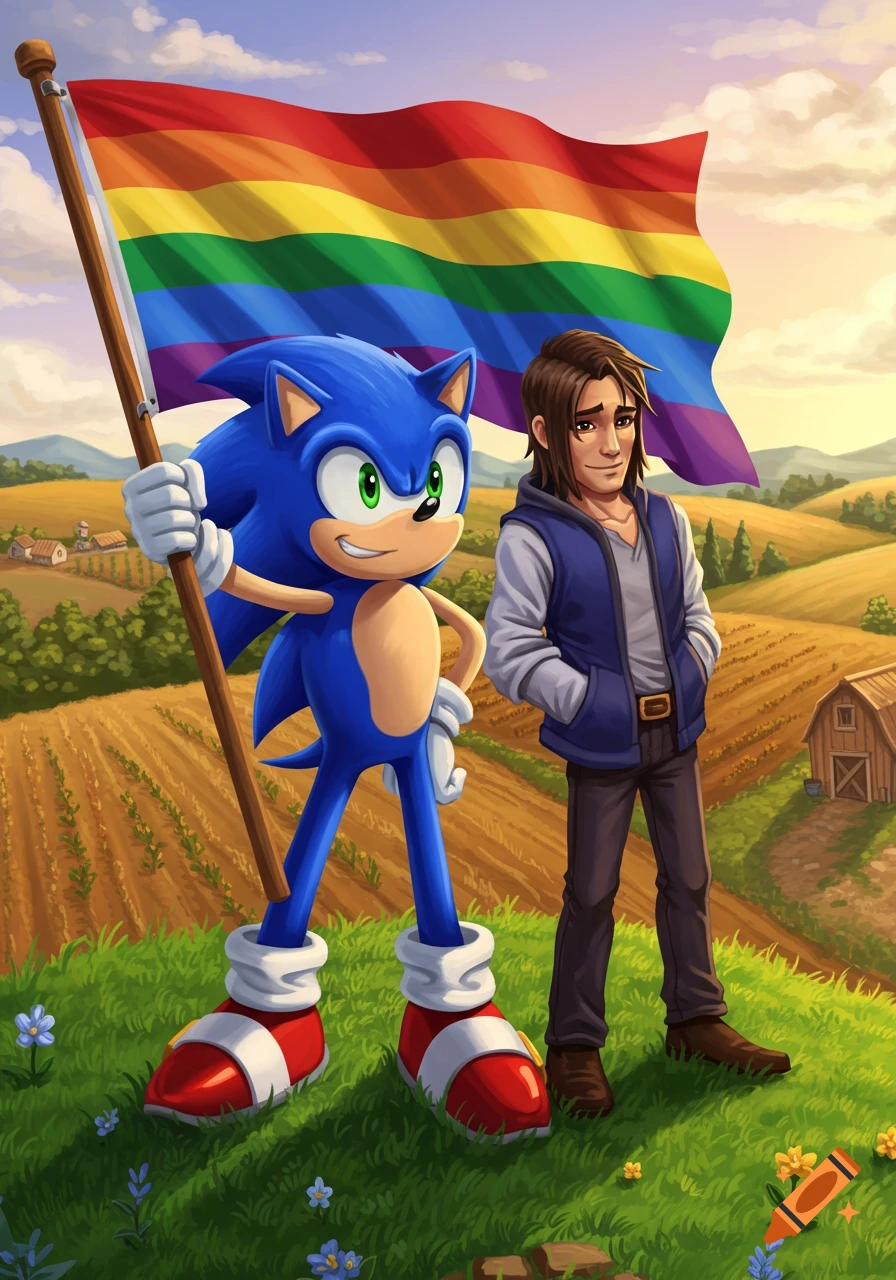 Sonic the Hedgehog and Sebastian from Stardew Valley stand on a grassy hill, Sonic holding a large rainbow pride flag.