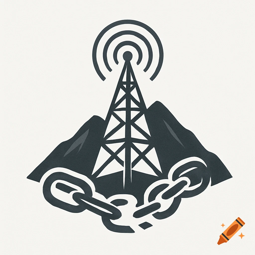 Minimalist logo of a radio tower on mountains with broken chains, symbolizing freedom.