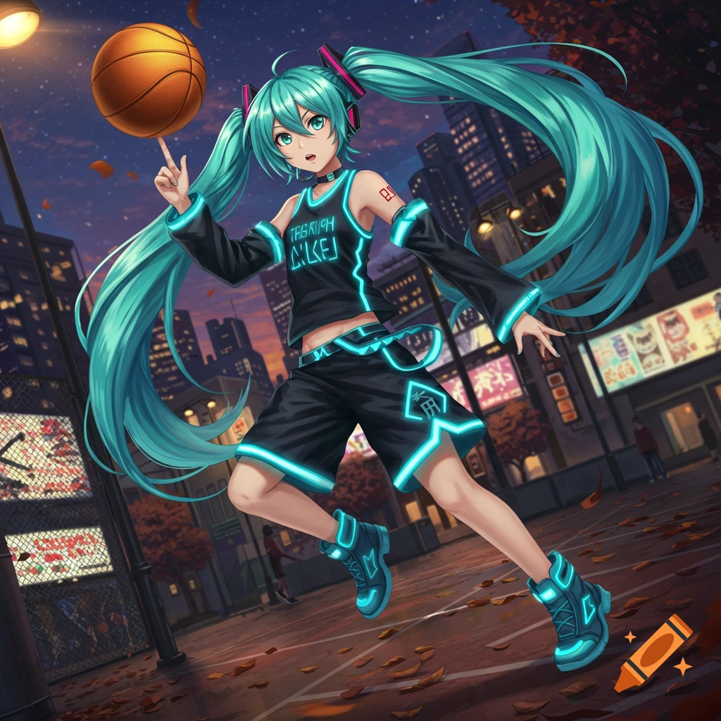 Hatsune Miku in a black and neon teal basketball uniform spins a basketball on her finger on a city street at dusk, in an anime style.