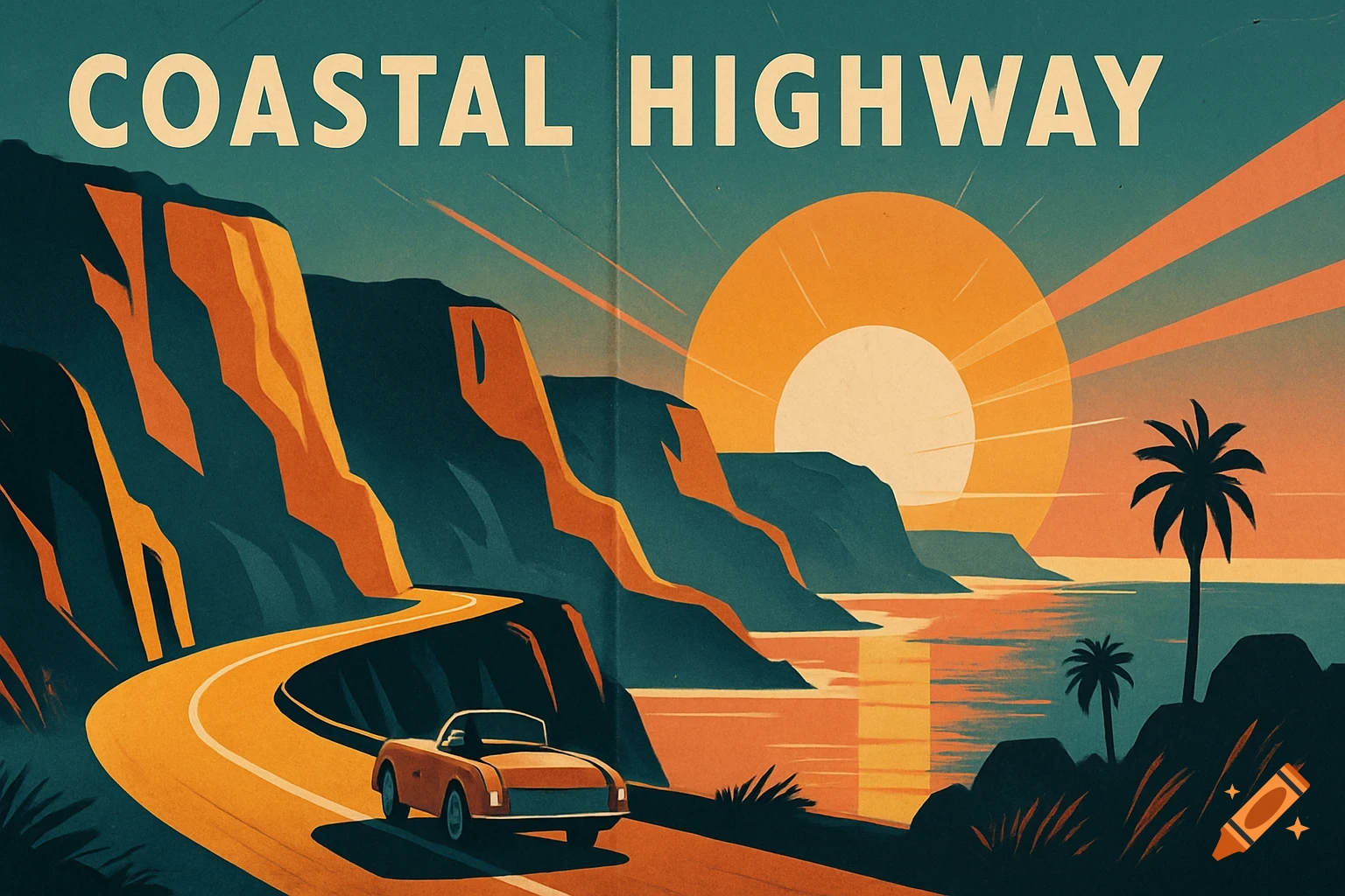 Retro travel poster of a vintage car on a winding coastal highway at sunset with cliffs and palm trees, text "COASTAL HIGHWAY".