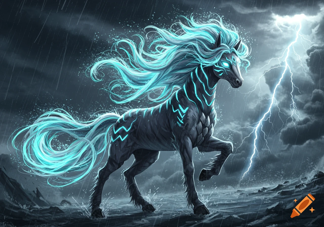 A majestic dark horse with glowing blue mane and markings stands in a stormy, rainy landscape with bright lightning.