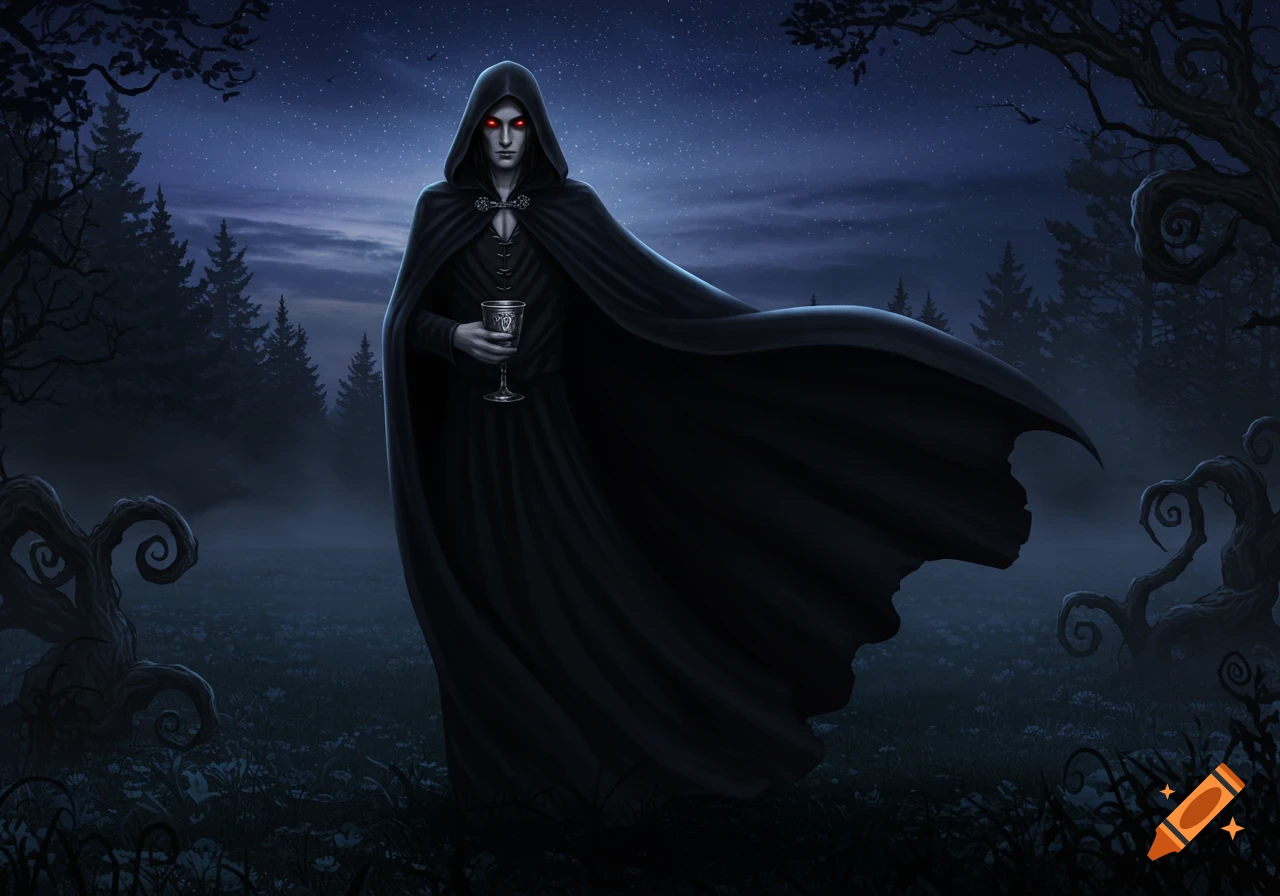 A cloaked figure with glowing red eyes holds a goblet in a dark, moonlit forest with gnarled trees, digital painting.