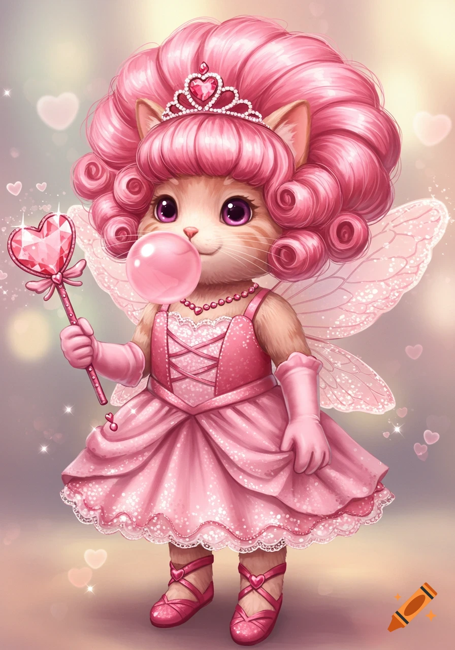A cute, cartoon cat dressed as a pink fairy princess, blowing a bubble, and holding a heart wand.