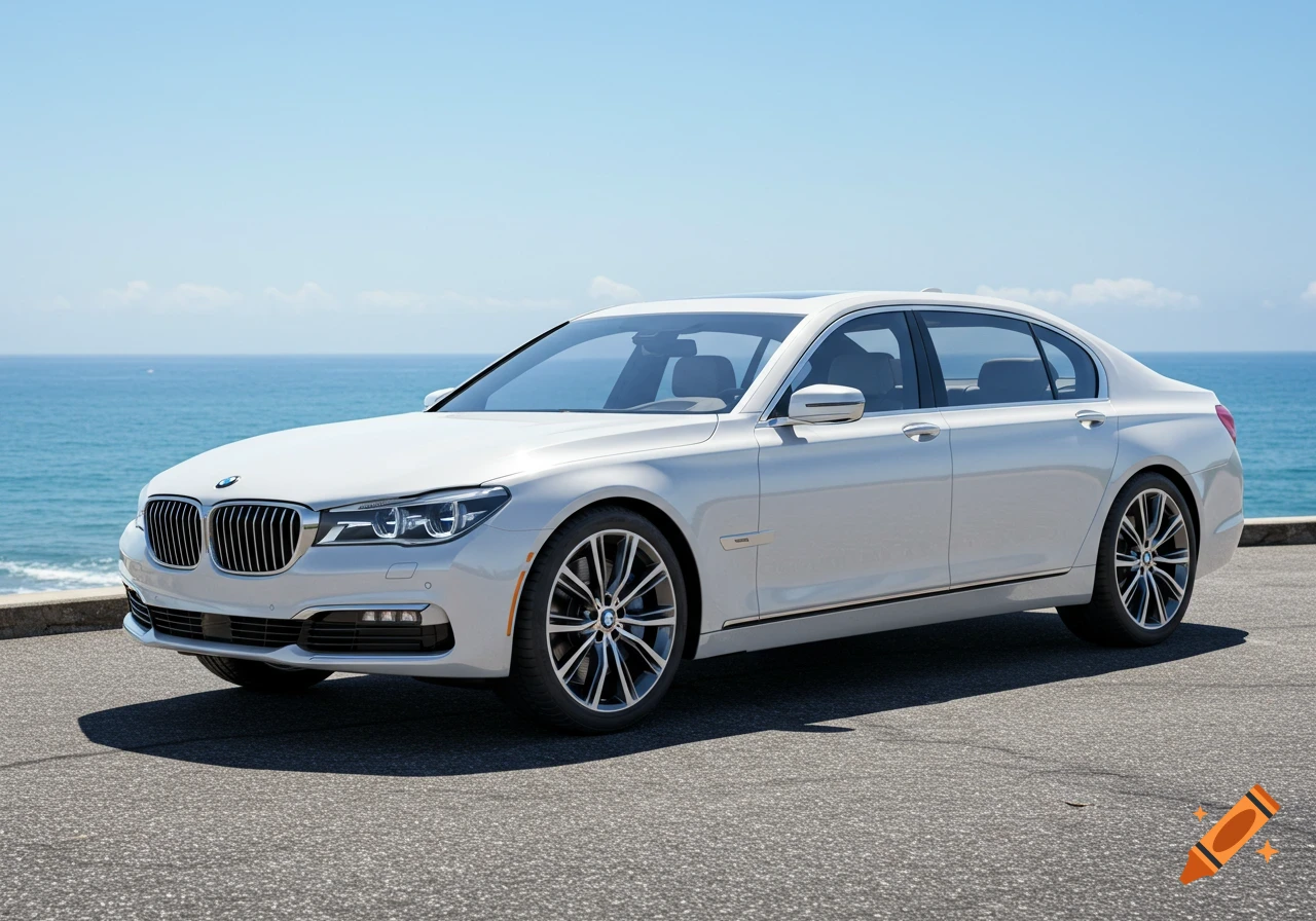 A white BMW 750i sedan is parked on an asphalt road with the ocean and blue sky in the background, in a photorealistic style.