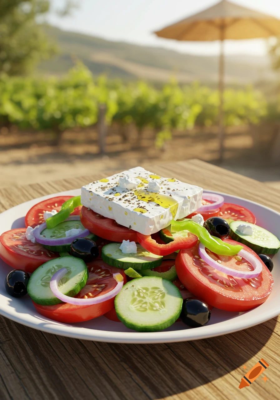 A photorealistic Greek salad with feta, tomatoes, cucumbers, olives, and peppers on a wooden table in a vineyard.