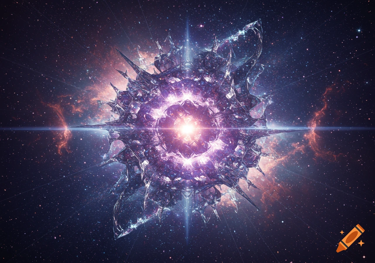 A radiant, spiky alien entity composed of crystalline structures glows brightly in the center of a star-filled galaxy.