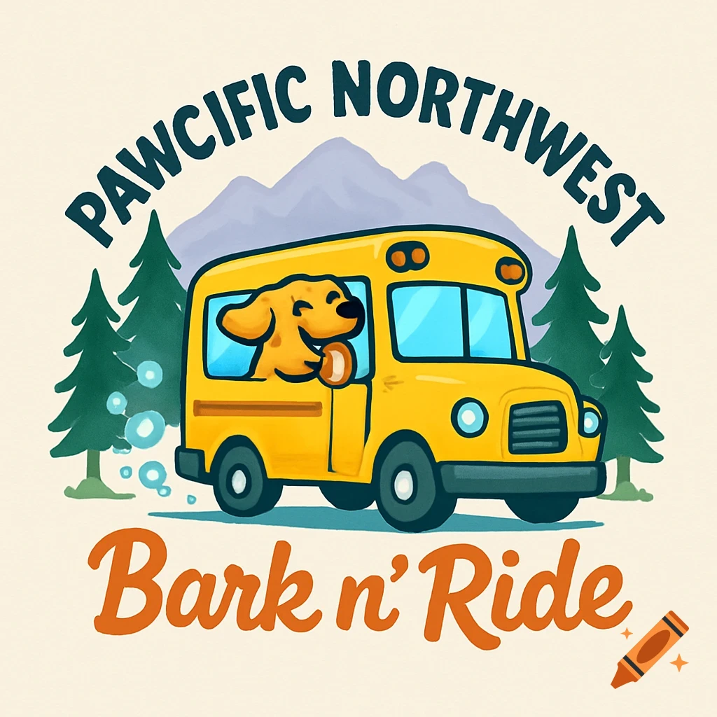 Cartoon logo of a yellow school bus with a dog, pine trees, mountains, and text 'PAWCIFIC NORTHWEST Bark n’ Ride'.
