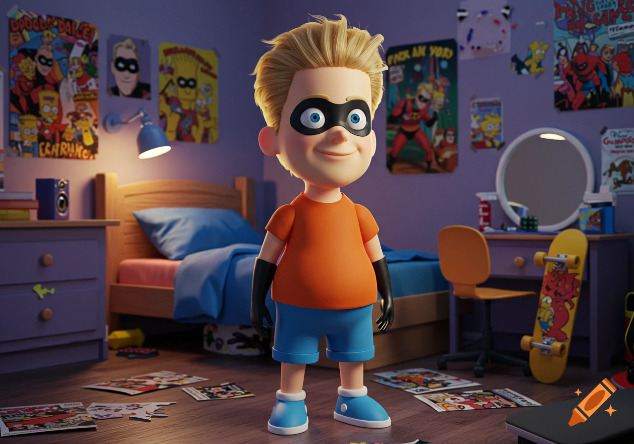 A 3D animated boy resembling Dash from The Incredibles, wearing an orange shirt, blue shorts, and a black eye mask, stands in a messy purple bedroom filled with posters.