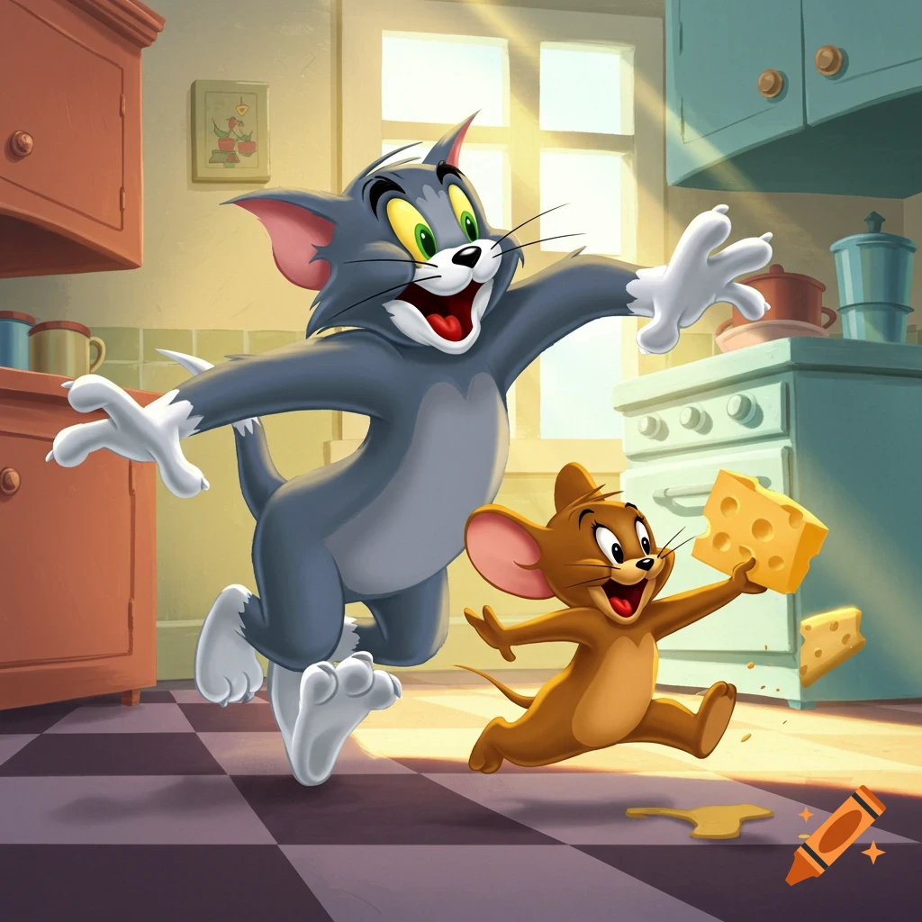 Tom the cat chases Jerry the mouse who runs with cheese in a bright cartoon kitchen.