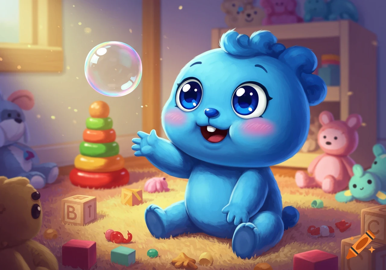 A cute blue cartoon baby creature with big eyes sits on a rug, reaching for a bubble near colorful toys and blocks.