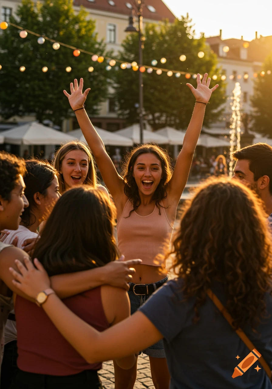 A joyful group of young friends embracing and celebrating in a lively outdoor town square at sunset, string lights overhead.