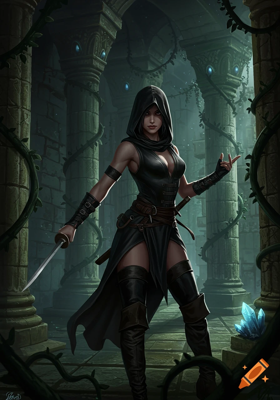 A hooded female monk rogue in black leather armor with a shortsword stands in ancient, overgrown ruins.