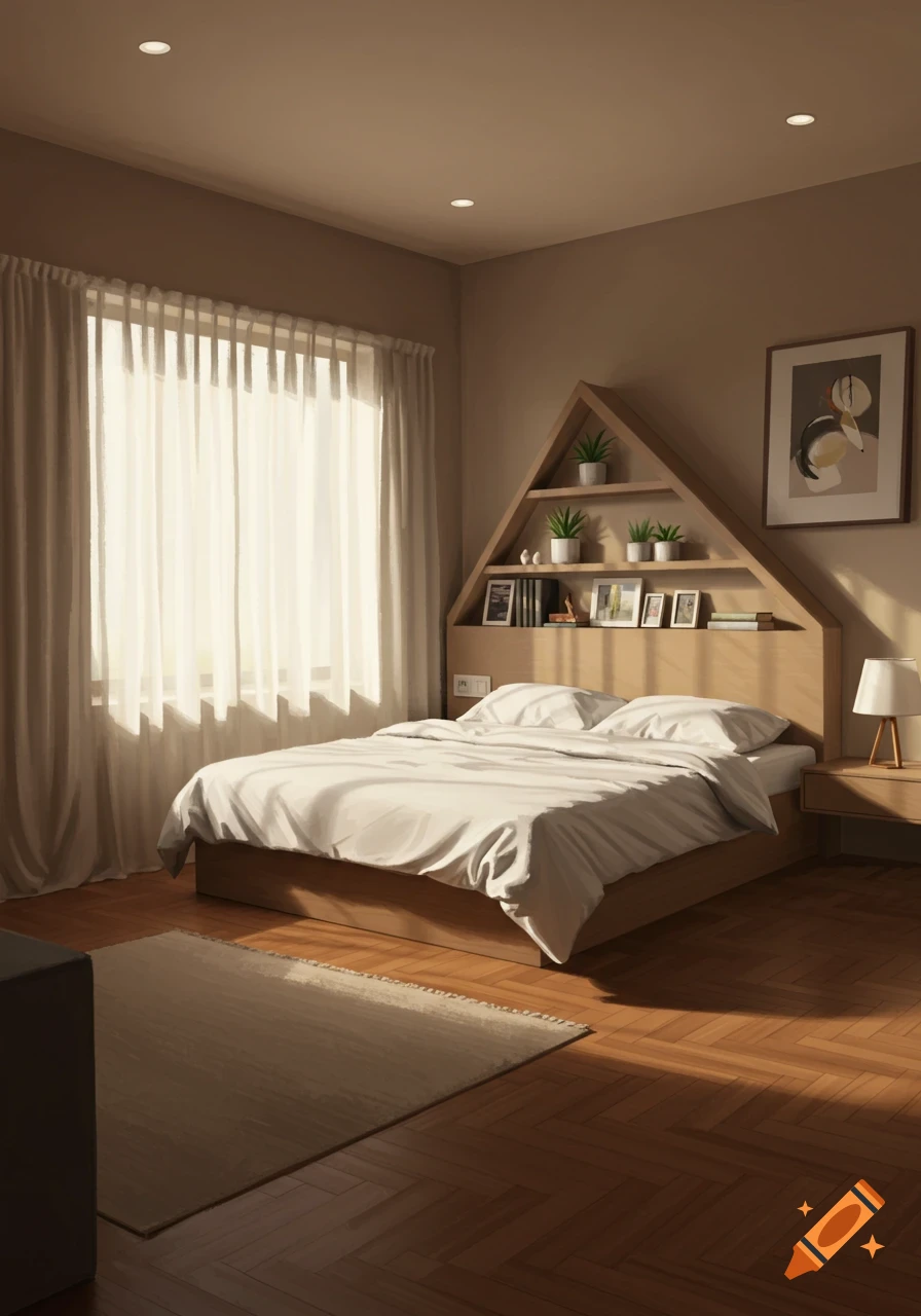 A sunlit modern bedroom with a bed, triangular shelf headboard, sheer curtains, and wooden floor.