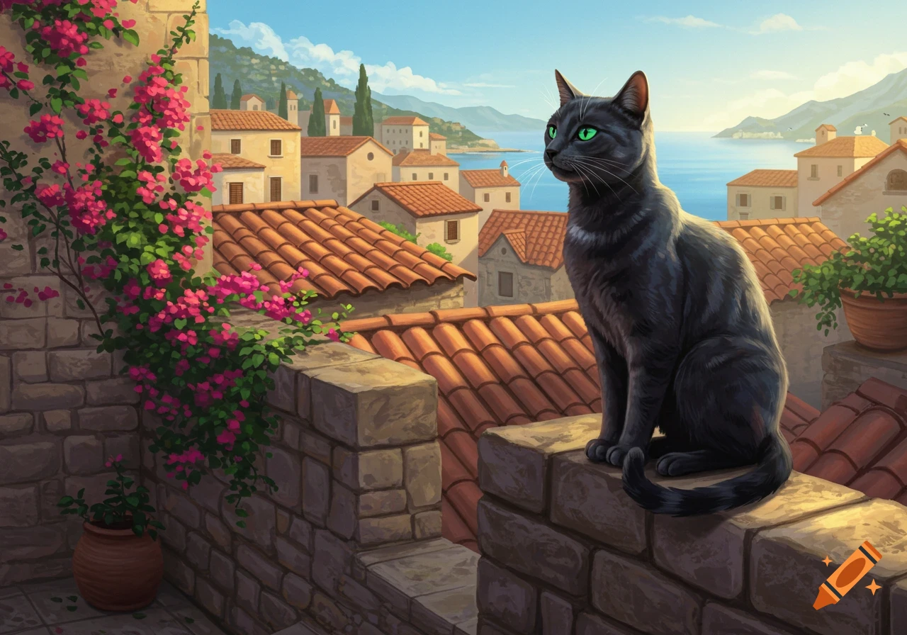 A black cat with green eyes sits on a stone wall, overlooking a Mediterranean village and sea, with pink bougainvillea. Painting.
