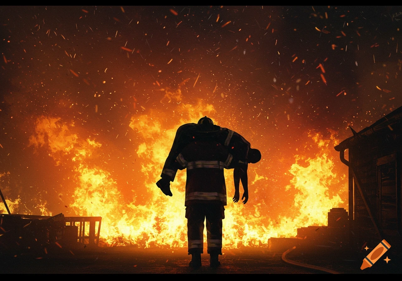 A silhouette of a firefighter carrying a person over their shoulder, walking away from a massive inferno with sparks flying.