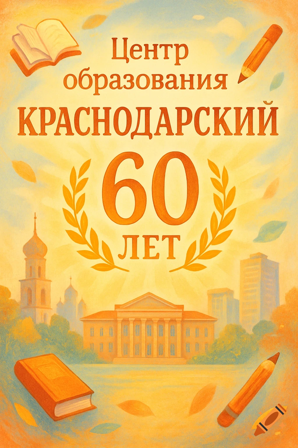 Illustrated anniversary poster for Krasnodarsky Center of Education, 60 years, with books, pencils, and stylized city buildings.