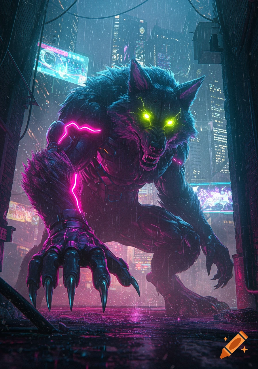A giant cyberpunk werewolf with glowing green eyes and neon pink accents crouches in a rainy futuristic city alley at night.