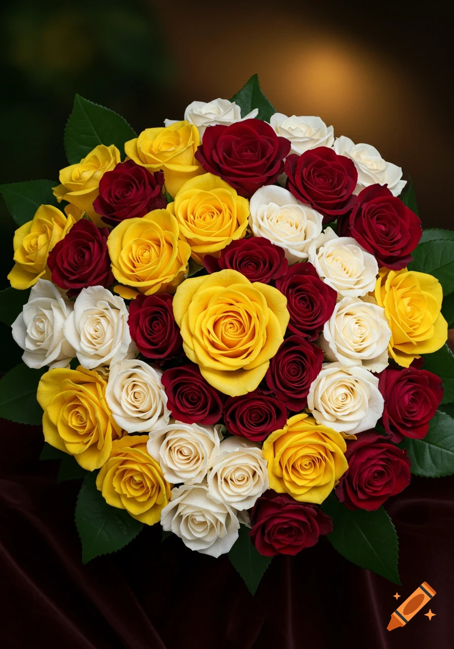 A vibrant, photorealistic bouquet of red, yellow, and white roses arranged densely, against a dark background.