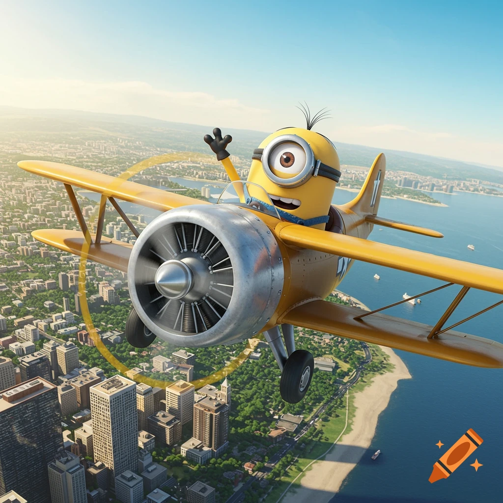 A happy Minion waves from the cockpit of a yellow biplane, flying high above a detailed city and coastline under a clear blue sky.