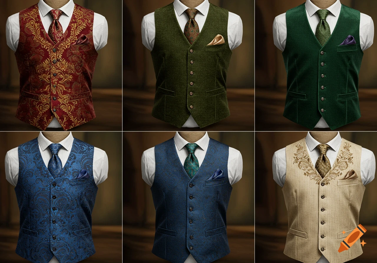 Six elegant men's vintage vests in various colors and patterns like red paisley, green, and embroidered beige, displayed with shirts and ties.