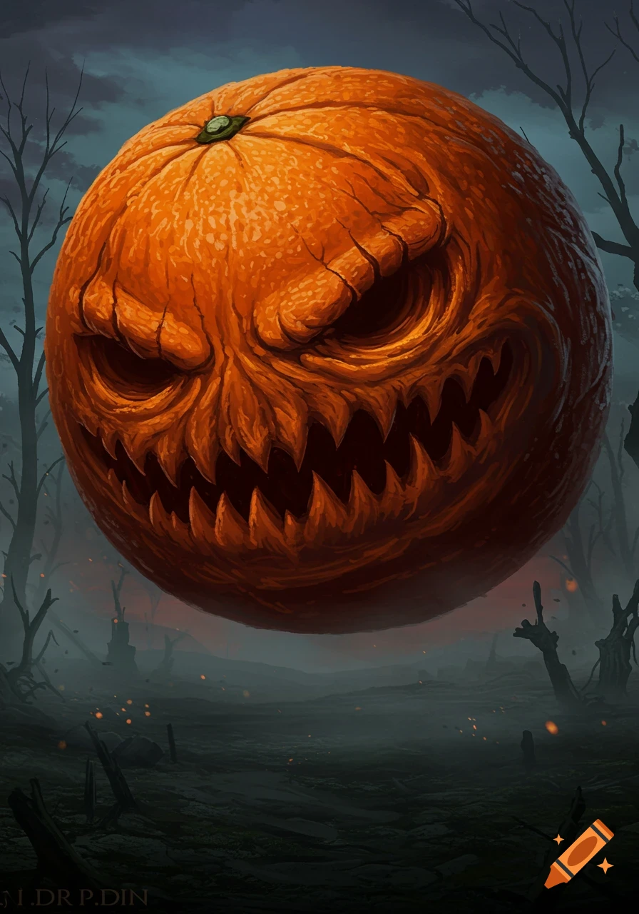 A monstrous orange with glowing eyes and sharp teeth hovers in a dark, foggy forest. Digital art.