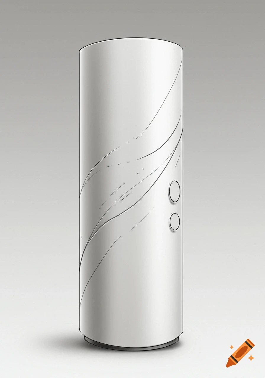 A minimalist illustration of a white cylindrical object with two small buttons and subtle wavy and scattered lines for decoration.