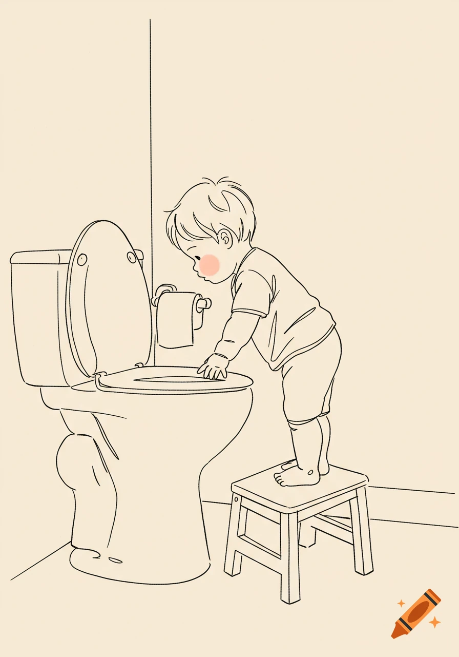 Line drawing of a small boy standing on a stepstool in front of a toilet, holding its raised seat.