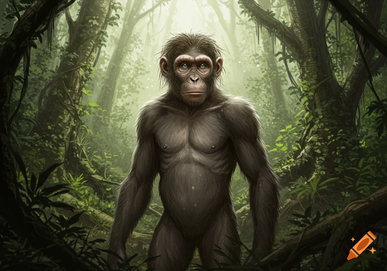 A photorealistic depiction of a humanoid ape with fur standing in a lush, misty jungle, looking forward.