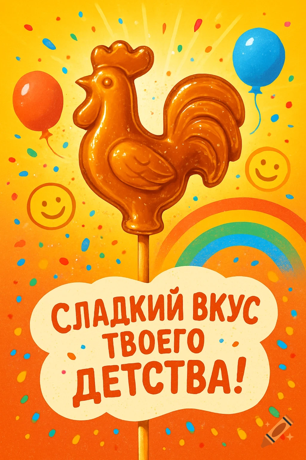 A glossy caramel rooster lollipop on a stick, surrounded by colorful confetti, balloons, smiles, and a rainbow, with Russian text on a cloud banner.