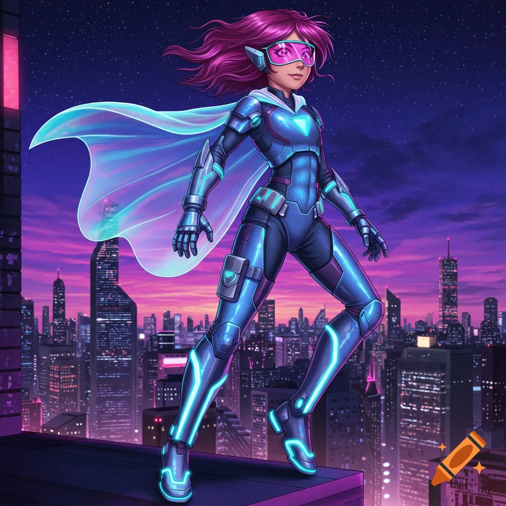Anime superhero girl in a glowing blue suit and pink goggles stands on a neon-lit city rooftop at night.