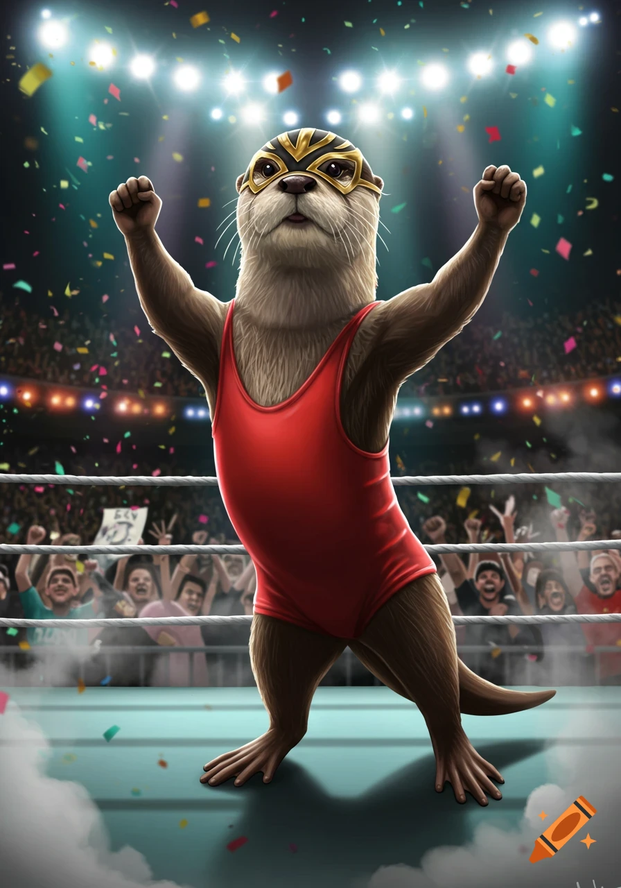 An anthropomorphic otter wrestler in a red singlet and gold mask stands with raised arms in a brightly lit stadium, confetti falling around.