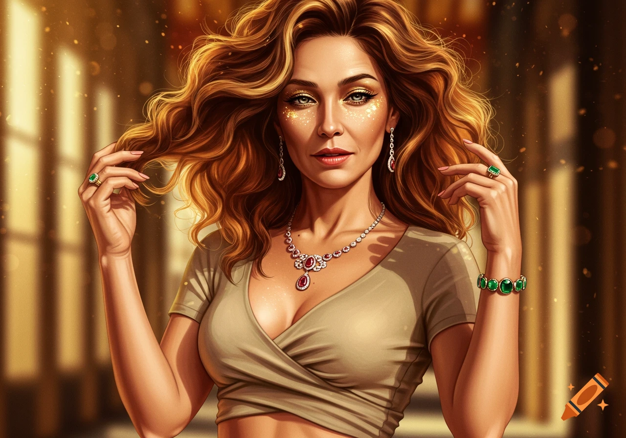 A woman with wavy auburn hair and sparkling gold makeup wears a crop top, ruby necklace, and emerald rings, looking directly at the viewer.