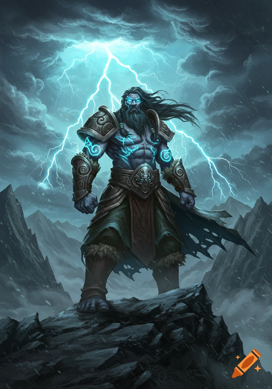A muscular goliath storm druid with glowing blue tattoos stands on a mountain peak as lightning strikes in the stormy sky, digital art.