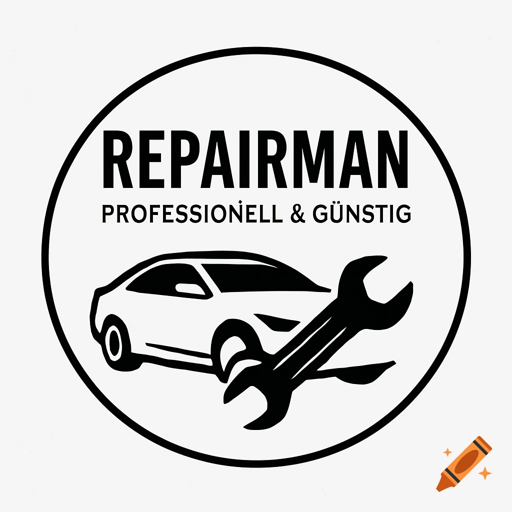 Black and white circular logo for a car repair service, featuring a car silhouette, wrench, and text 'REPAIRMAN PROFESSIONELL & GÜNSTIG'.