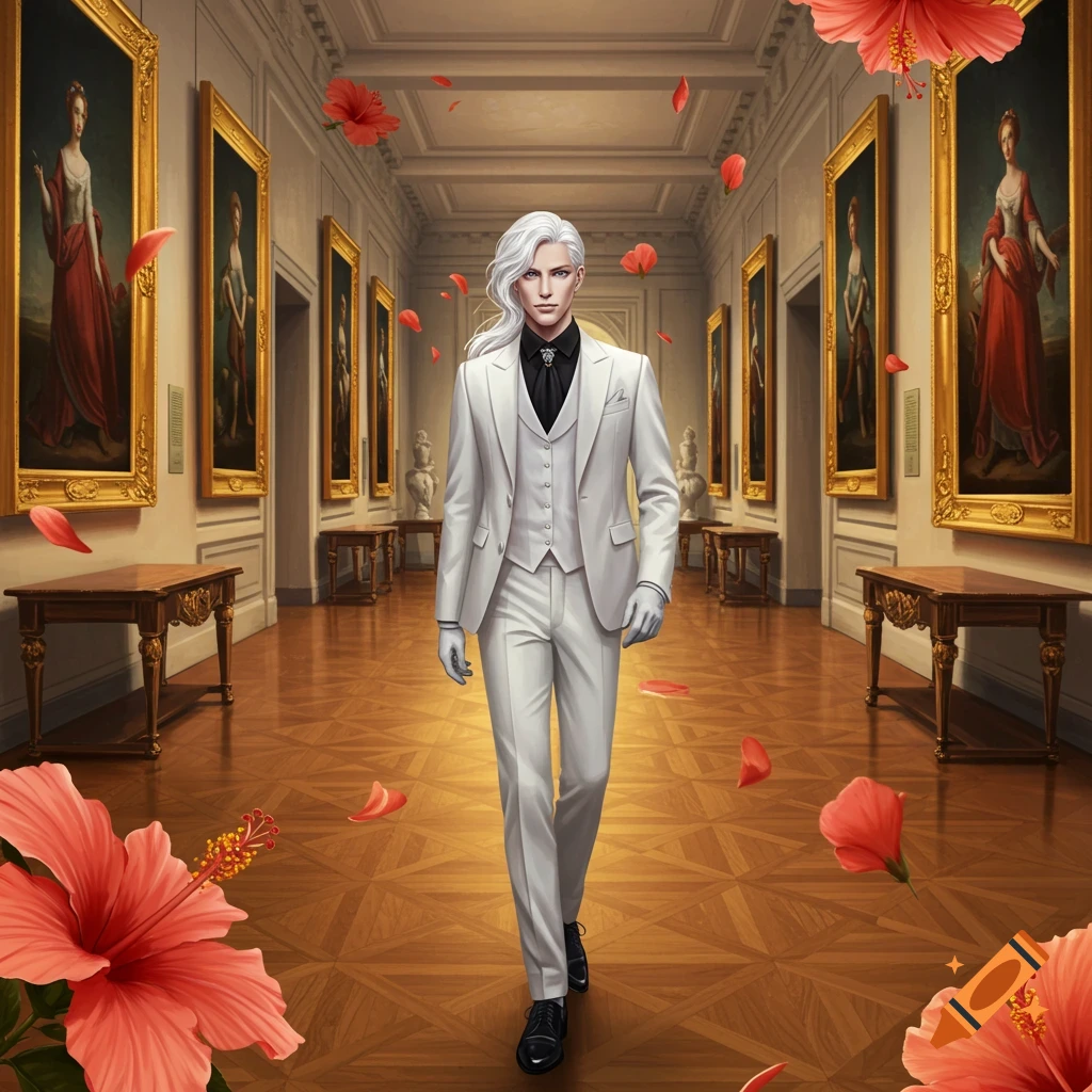 An illustrative image of a man with white hair in a white suit walking down a grand art gallery hallway, surrounded by red hibiscus flowers and petals.