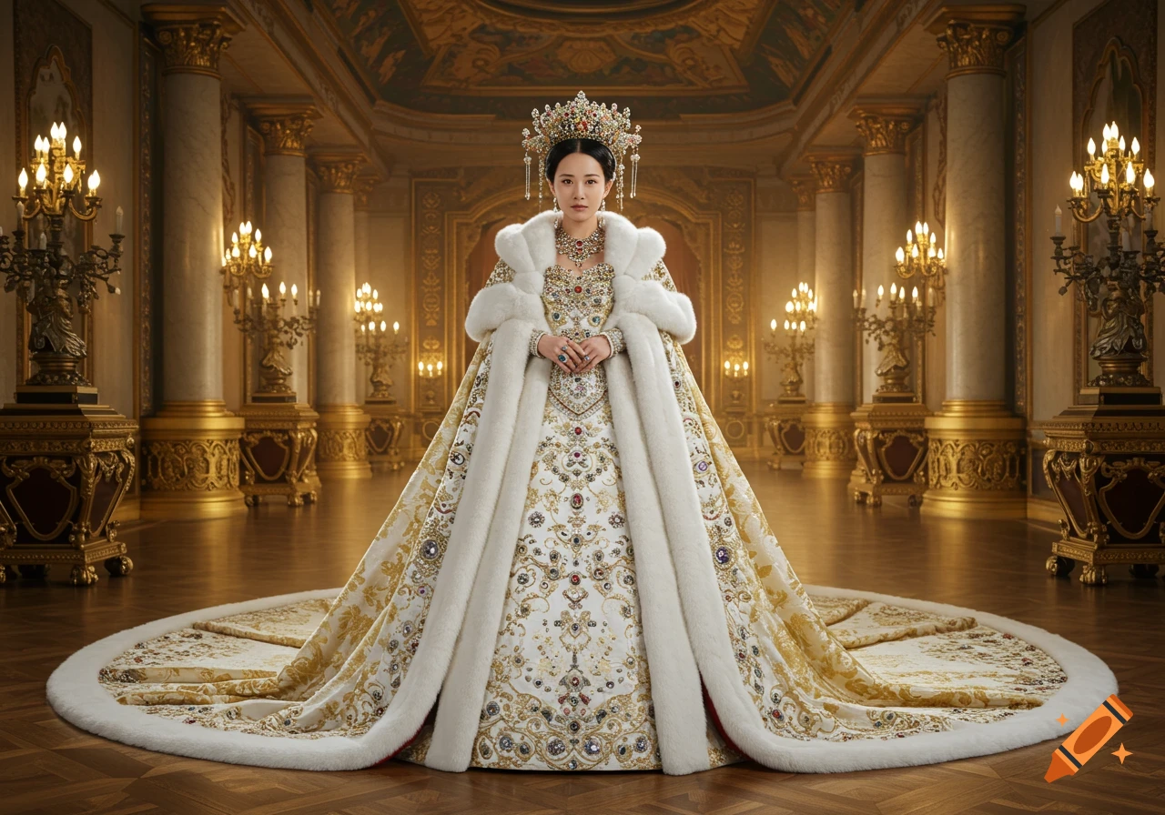 A woman in an opulent white and gold imperial gown, trimmed with fur and jewels, and a large crown, stands in a grand golden palace hall.