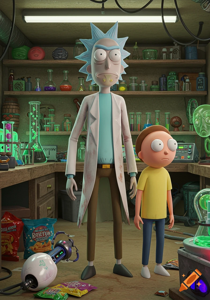 Rick and Morty stand in their science lab, surrounded by beakers and lab equipment in an animated style.