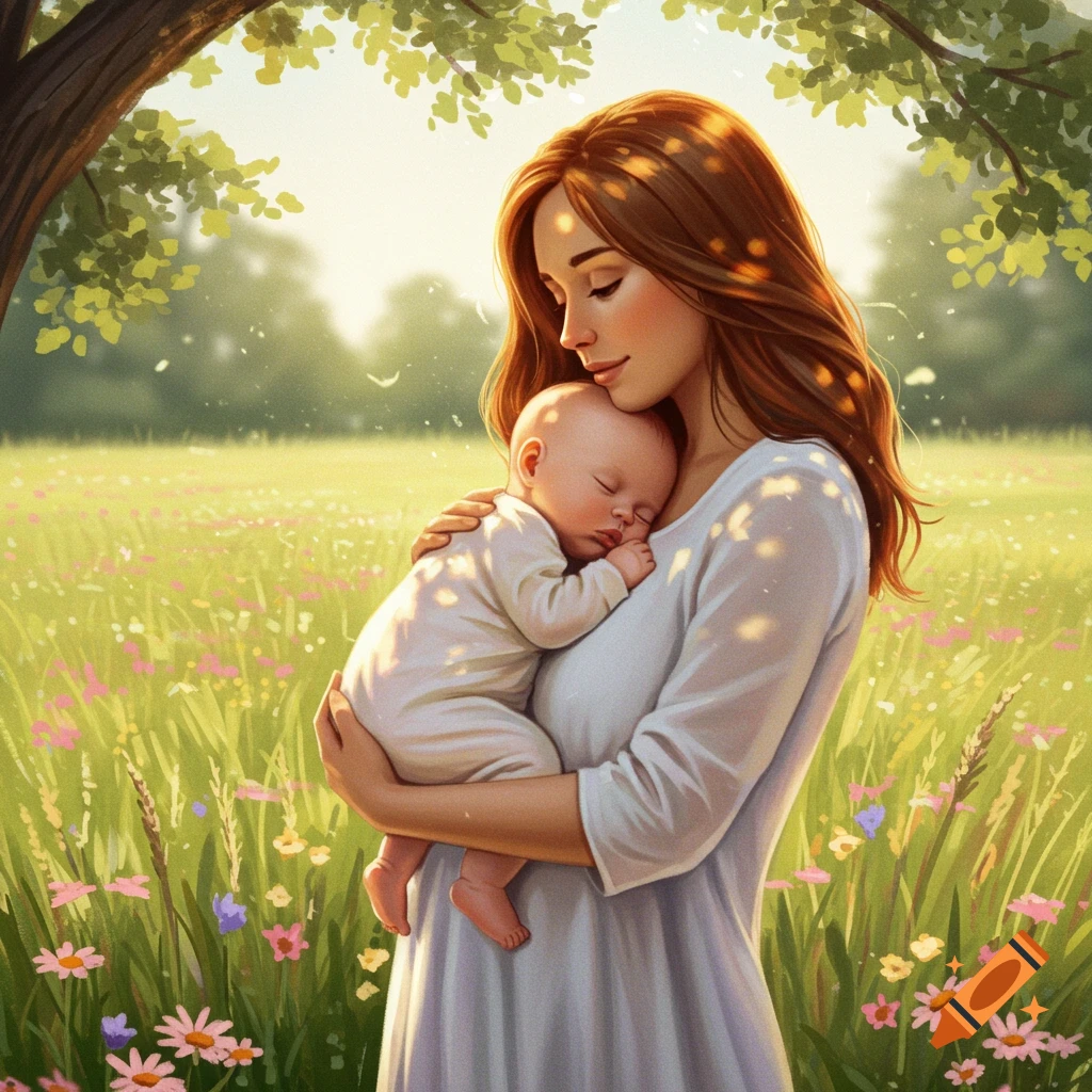 A loving mother holds her sleeping baby in a sun-dappled meadow, digital painting.
