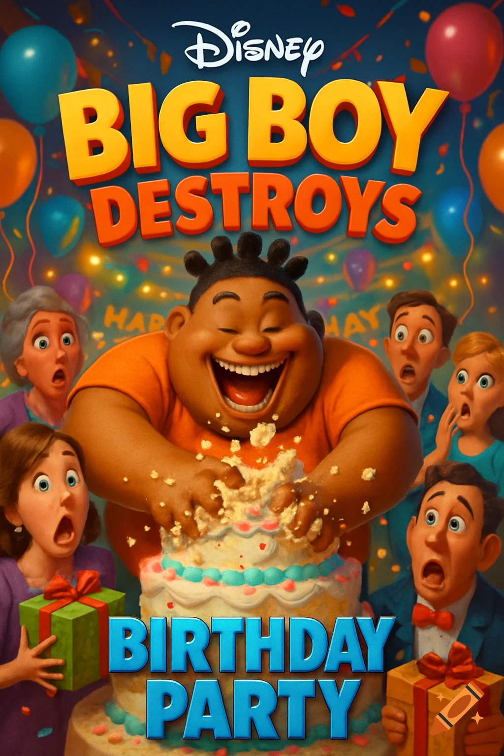 Cartoon movie poster: A big boy gleefully smashes a birthday cake as shocked party guests watch. Text: 'Disney Big Boy Destroys Birthday Party'.