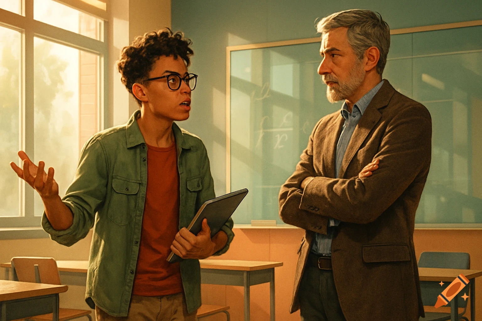 A student with curly hair and glasses speaks to a bearded teacher in a sunlit classroom with mathematical equations on a blackboard. Photorealistic style.