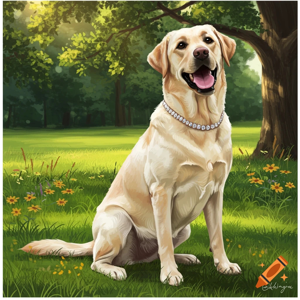 A happy yellow Labrador dog with a diamond collar sits smiling in a sunlit grassy park with trees and wildflowers, digital painting.