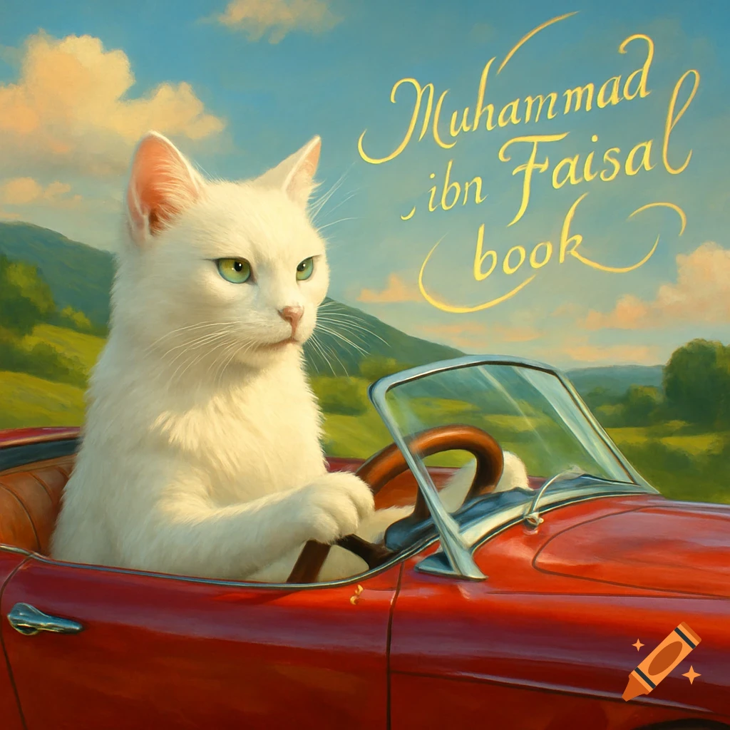 A white cat with green eyes drives a red vintage car under a blue sky with hills. Text 'Muhammad ibn Faisal book' appears above. Painterly style.