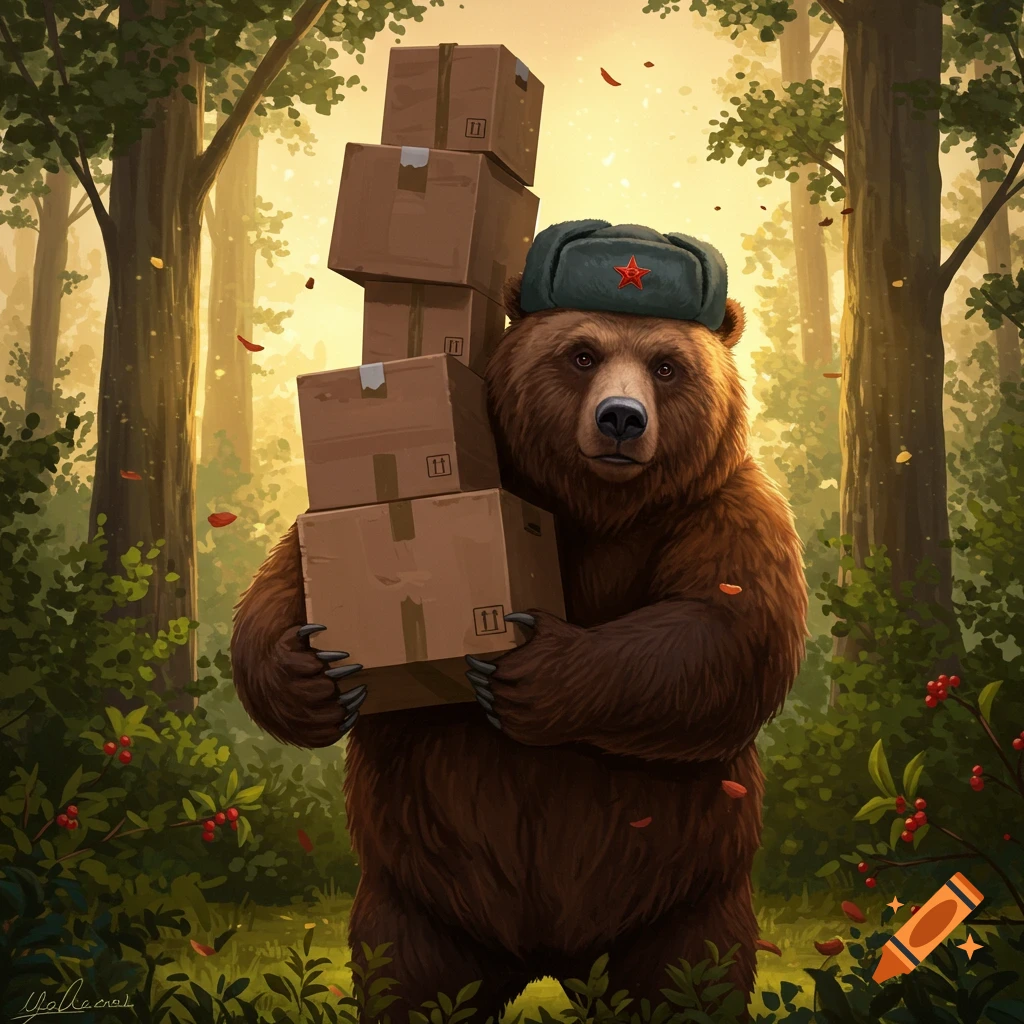 A brown bear wearing a green hat with a red star stands in a sun-drenched forest, carrying a tall stack of cardboard boxes. Detailed illustration.