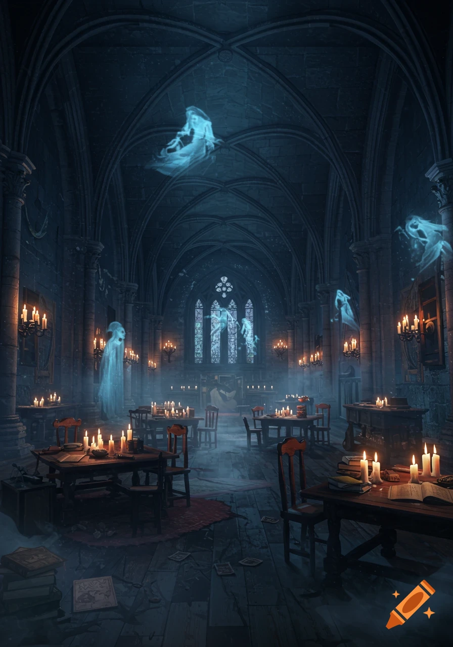 A dark, gothic hall with glowing ghosts, numerous lit candles on tables, and mystical books, creating a mysterious, haunted atmosphere.