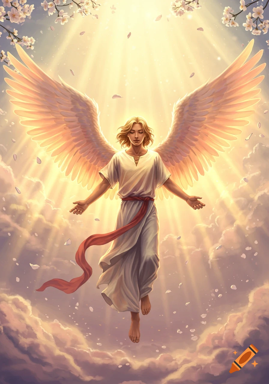 A radiant angel with large white wings and golden hair floats above clouds, surrounded by golden light and falling petals, with cherry blossoms above.