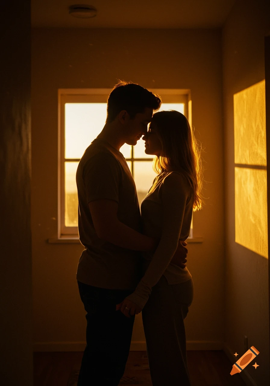 Photorealistic silhouette of a couple embracing in a warm, soft-lit room by a window at sunset.