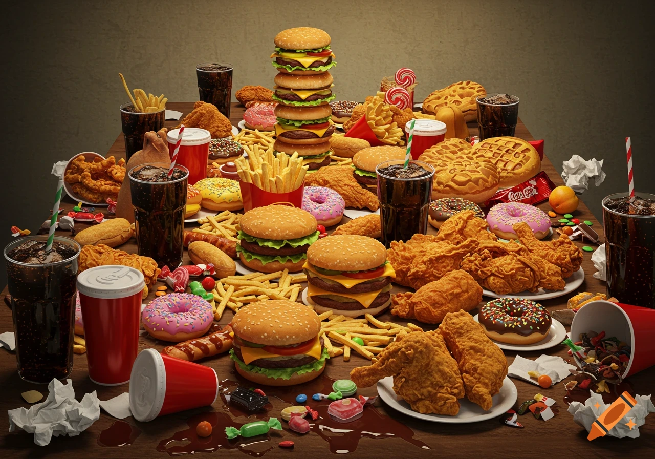 An overhead shot of a wooden table overflowing with an excessive amount of fast food items, including stacks of burgers, fried chicken, French fries, donuts, waffles, soda, and candy, creating a scene of overindulgence.